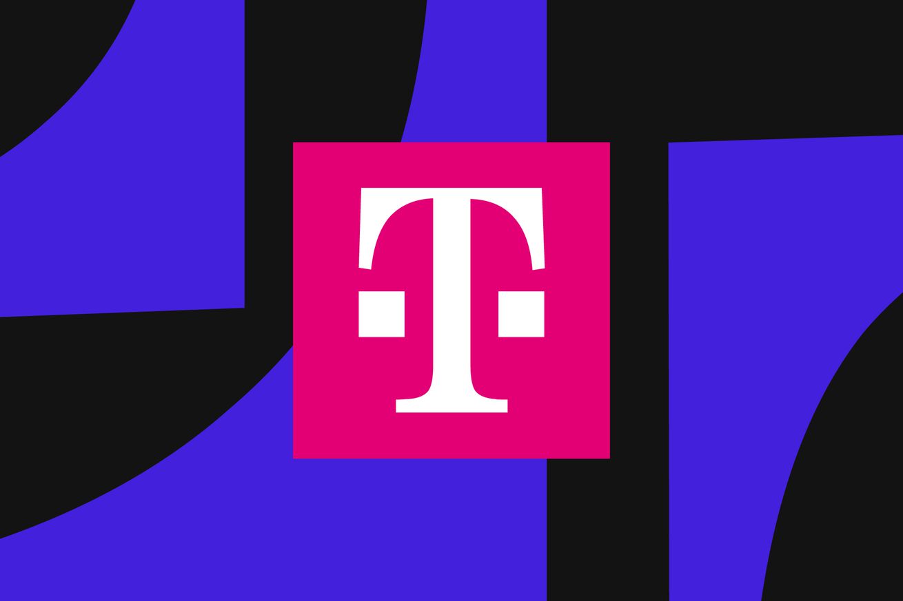Logo T-Mobile dengan latar belakang bergambar.