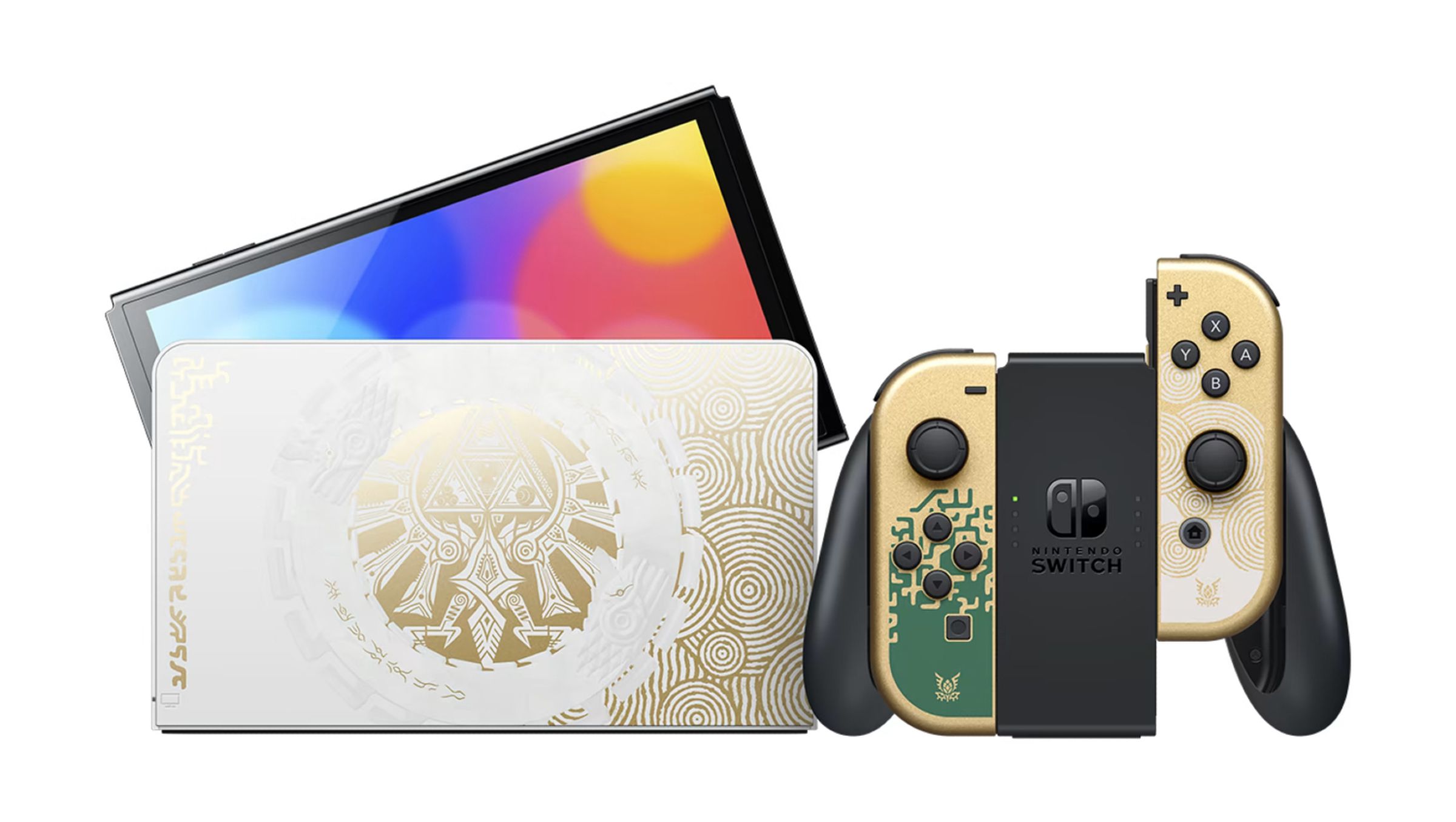 Nintendo Switch Baru OLED Zelda: Edisi Air Mata Kerajaan bersama dengan pengontrol dan dok Joy-Con.